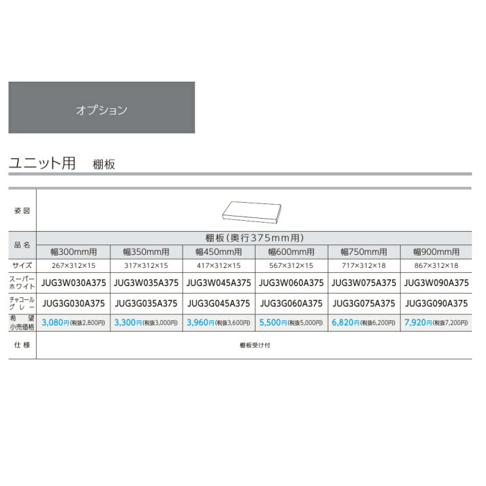 パナソニック　キッチン　Lクラスユニット用オプション　棚板奥行375mm用(幅900mm)【JUG3W090A375】