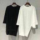 Tシャツ カットソー レディース 変形 アシンメトリー 左右非対称 シンプル 7半袖 プルオーバー ラウンドネック ゆったり 着痩せ ス オシャレ感 ゴシック