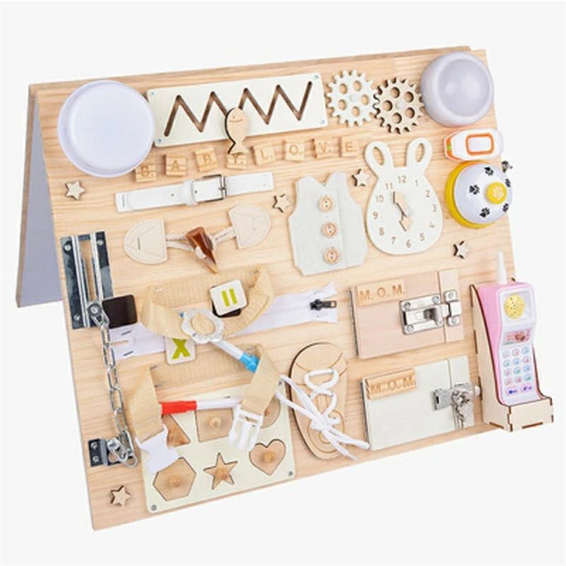 モンテッソーリボード、子供用両面ビジーボード、木製ベビー感覚板おもちゃアクセサリー、脳トレーニング、実践能力、子供向けスーツ