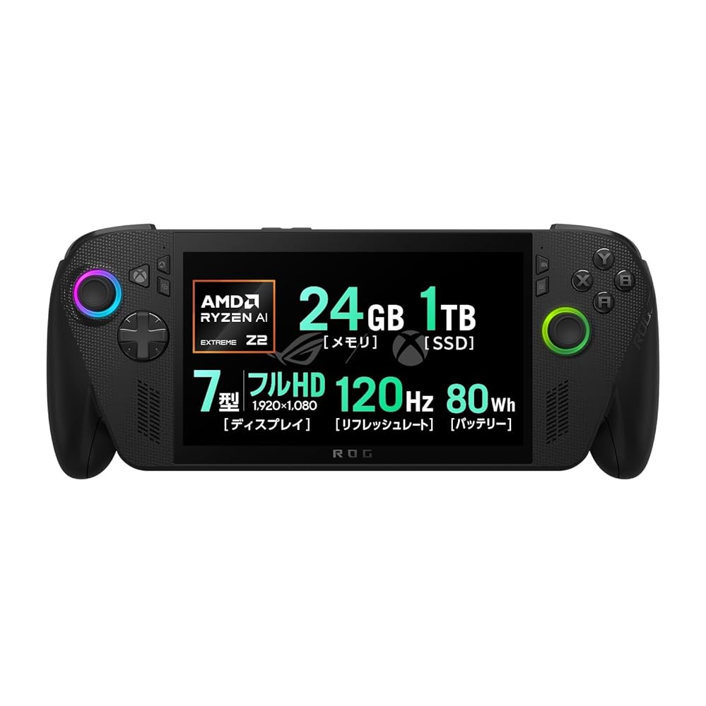 ASUS ゲーミングPC ROG Xbox Ally X RC73XA 7インチ Ryzen AI Z2 Extreme メモリ 24GB SSD 1TB リフレッシュレート120Hz Windows11 バッテリー駆動22.3時間 ポータブル 重量715g ブラック RC73XA-Z2E24G1T