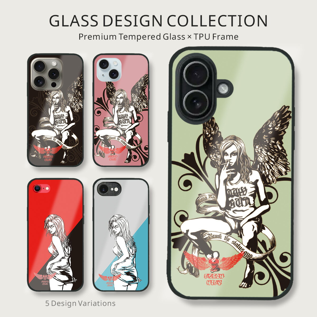 iphone 4s - ロック系 ガラス スマホケース ロック 退廃 天使 セクシー iPhone17 iPhone16 iPhone15 iPhone14 SE3 対応 9H 強化ガラス 背面 TPU ハイブリッド ケース b016802