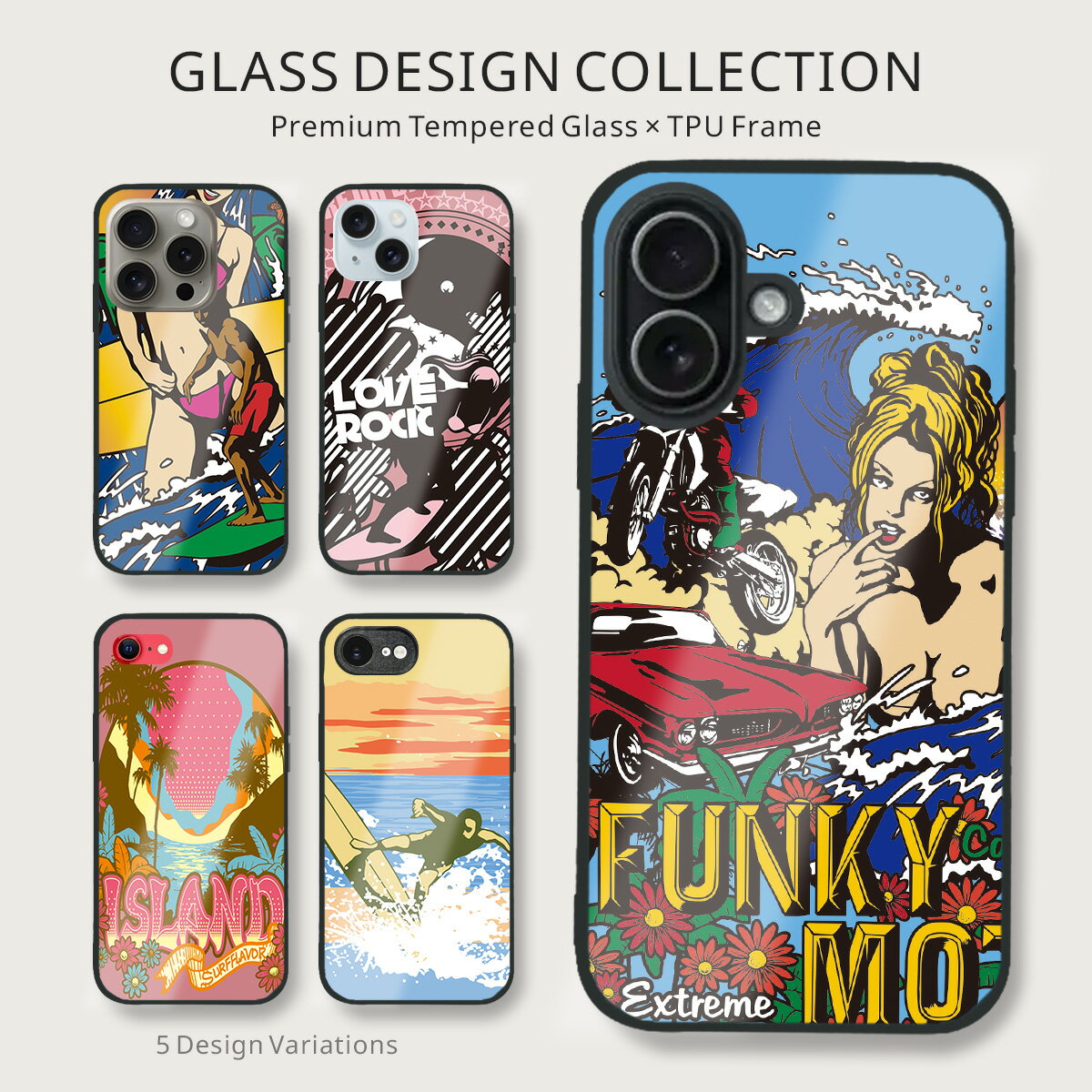 iphone 4s - サーフ柄 ガラス スマホケース ビーチ 波乗り 海外 夕日 サマー iPhone17 iPhone16 iPhone15 iPhone14 SE3 対応 9H 強化ガラス 背面 TPU ハイブリッド ケース b016901