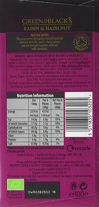 Green and Black's Organic Milk Chocolate Raisin and Hazelnut 100 g (Pack of 5)