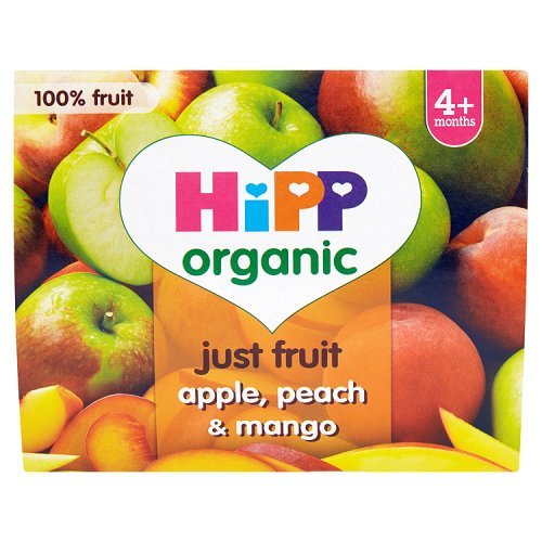 HiPP Organic From 4+ Purely Fruits Apple, Peach and Mango 4 x 100 g (Pack of 6, Total 24 Pots)