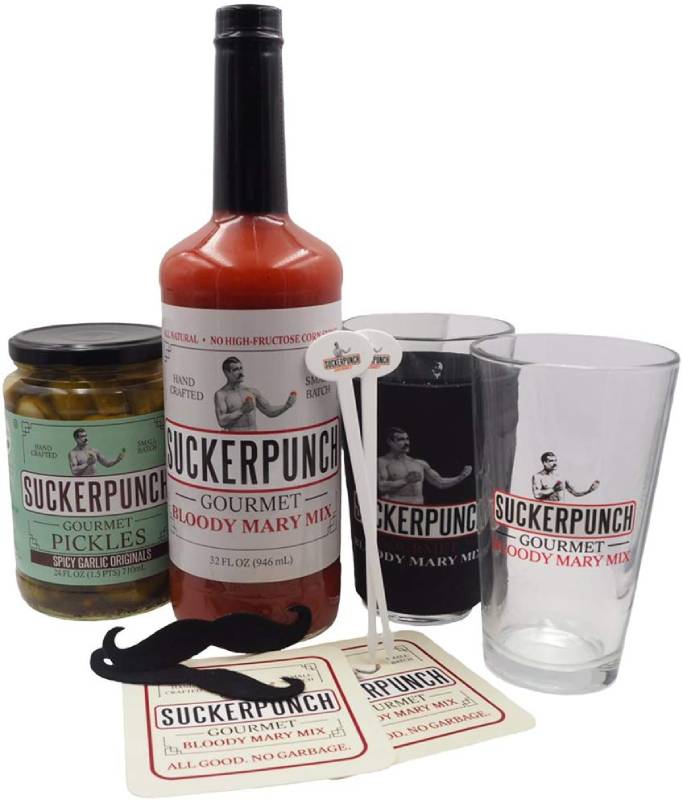 SuckerPunch Gourmet - Bloody Mary Kit, Including Bloody Mary Mix, Spicy Garlic Original Pickles, 2 Pint Glasses, More, Gluten Free, Vegan Friendly, and Kosher