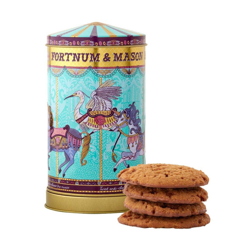 ピンクのメリーゴーランドオルゴール フォートナム＆メイソン Fortnum&Mason Mini Merry Go Round Musical Biscuit Tin, 150g オルゴール缶 ビスケット メリーゴーランド イギリス土産【英国直送品】