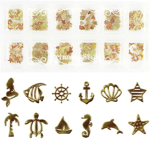Princess-style 薄型 アート パーツ ゴールド ネイル&レジン用 マリンパーツ 12種類300枚セット Princess-style 薄型 アート パーツ ゴールド ネイル&レジン用 マリンパーツ 12種類300枚セット