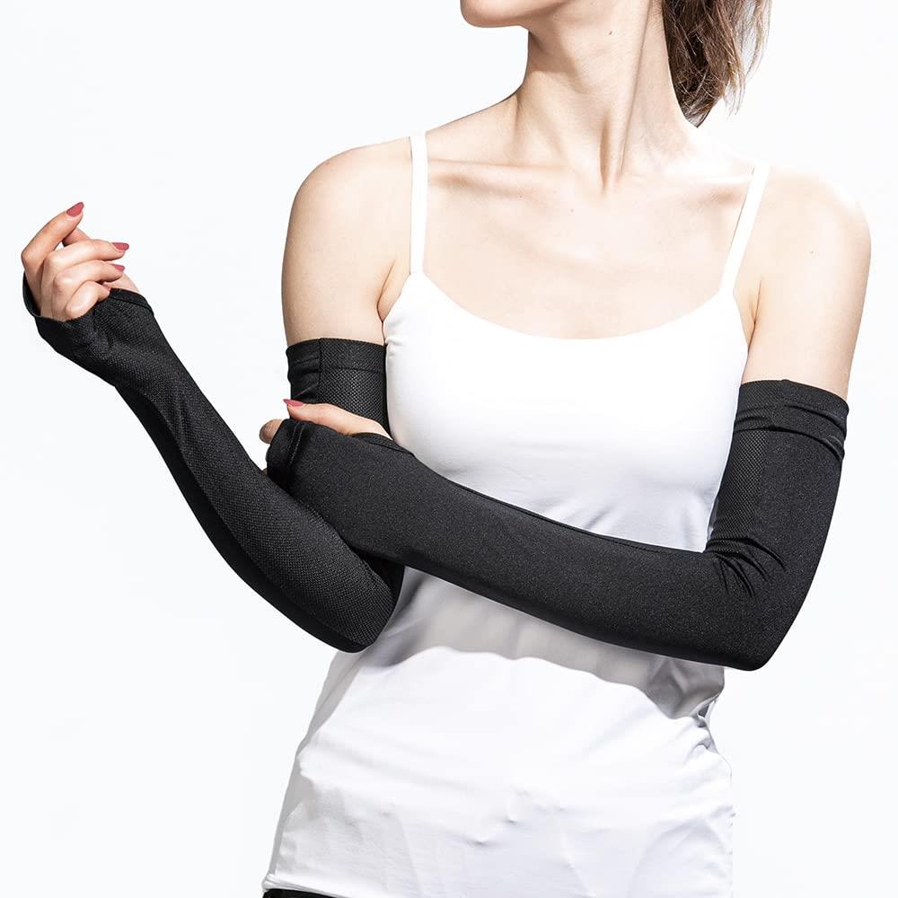 おたふく手袋 夏用アームカバー コンプレッション 吸汗速乾 UVカット 接触冷感 内側メッシュ レディース JW-616 ブラック フリー ブラックメッシュ入り