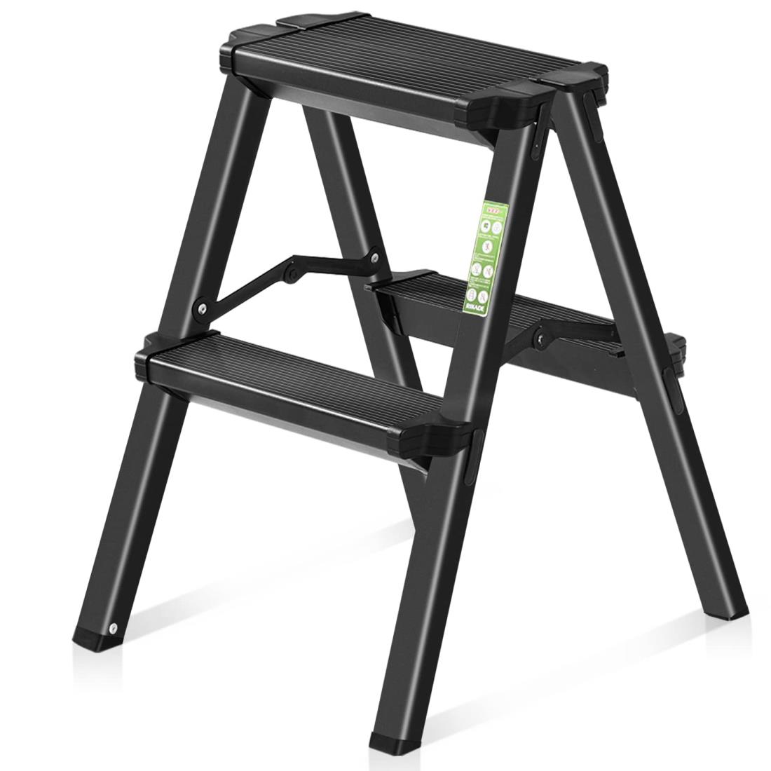 【送料無料】RIKADE 脚立2段 梯子 アルミ 脚立 折りたたみ ミニ 軽量 きゃたつ 踏み台 軽量 安全 ステップ アルミ 二段 脚立 折りたたみステップ 耐荷重150KG 滑り止め付き ステップ台（ブラック二段）