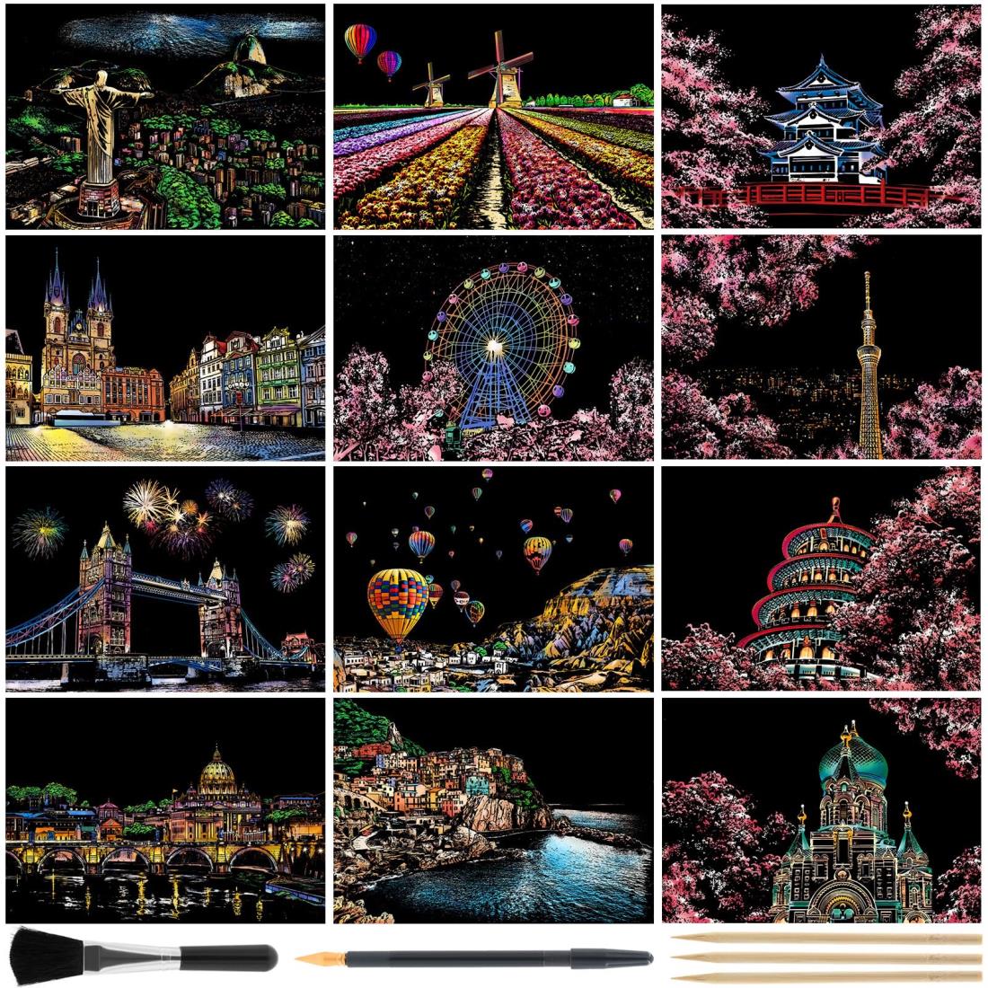 【送料無料】Kesote スクラッチアート 12枚 大人 塗り絵 【専用ペン付き】 削り絵 スクラッチシート 暇潰しグッズ ボケ防止 ひまつぶし お絵描きアート...