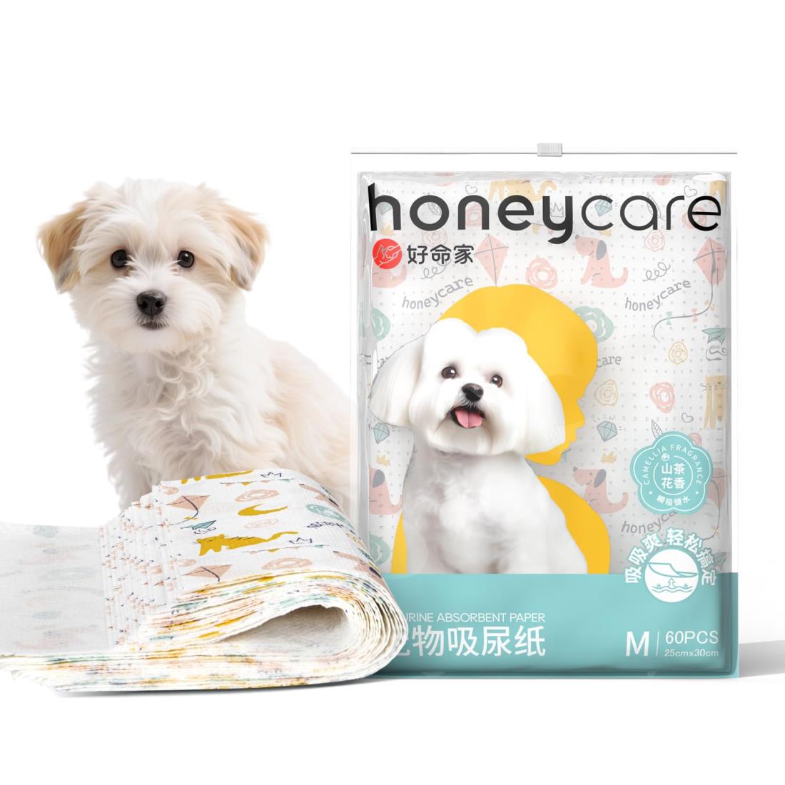 【ワンダフルデー限定 ポイント2倍+クーポン利用で5%OFF】【送料無料】HONEYCARE ペット用 おしっこ 拭き取り ペーパー 流せるトイレペーパー カメリアの香り付き 柄付き おしっこシート しっかり超吸収 (Mサイズ 25*30cm 60枚入)