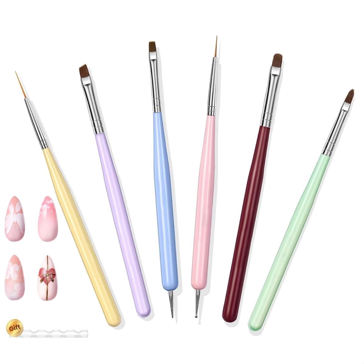 【送料無料】ジェルネイルキット ブラシホルダー 筆置き付き ネイルアートラインブラシ ネイルドットペン ペイントツール ネイル 筆 ネイルブラシ 爪ブラシ スクエア ライナー オーバル 極細 ドット かわいい 6本セット
