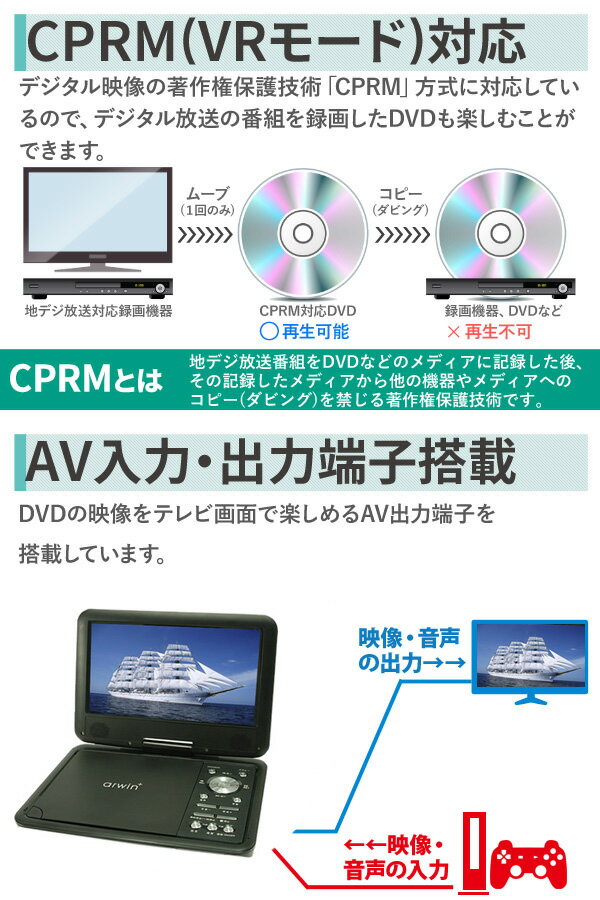 DVDプレーヤー ポータブル 3電源 車載バッグ リモコン 付き CPRM レジューム 本体 AC DC バッテリー 内蔵 APD-903N ポータブルDVDプレーヤー 9インチ DVD DVDプレイヤー ポータブルDVDプレイヤー SDカード 録音 USB SD 再生 充電 送料無料 後部座席 黒 ブラック arwin