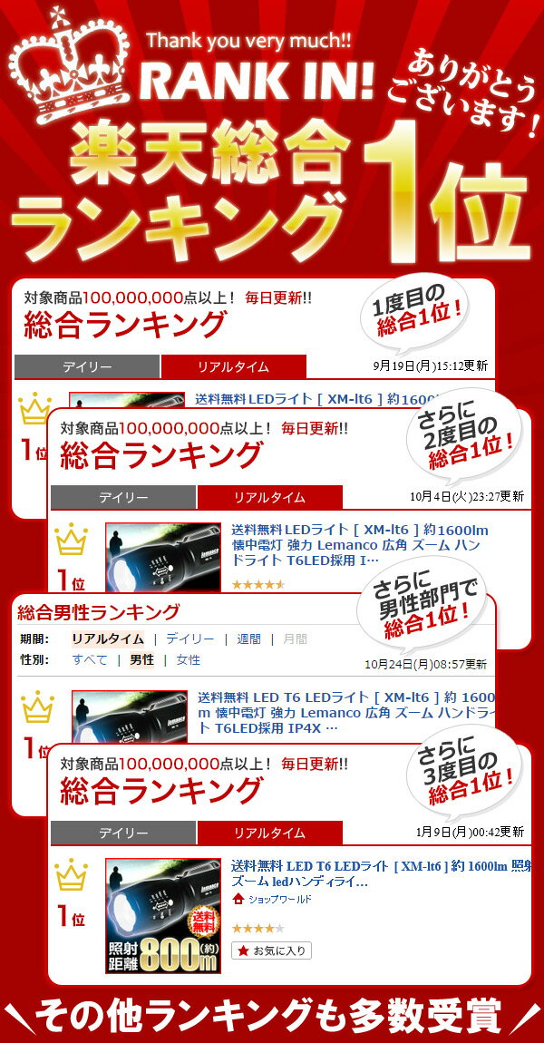 【 最大1,000円OFF先着クーポン配布中★20(土)限定 】 電源不要 【 楽天総合ランキング1位受賞 】 懐中電灯 ハンドライト フラッシュライト LED LEDライト 電池式 小型 コンパクト 明るい ハンディライト T6 約1600lm 防滴 防塵 IP4X 広角 ズーム 高輝度 Lemanco