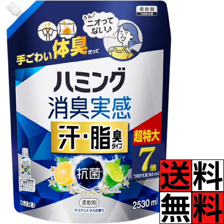 ハミング 消臭実感 柔軟剤 詰め替え 大容量 洗濯 汚れ きれい 清潔 体臭 超特大 部屋干し スポーツ 加齢臭 服 花粉 シワ 消臭 タオル 汗 脂臭 タイプ シトラスの香り 7倍 2530ml