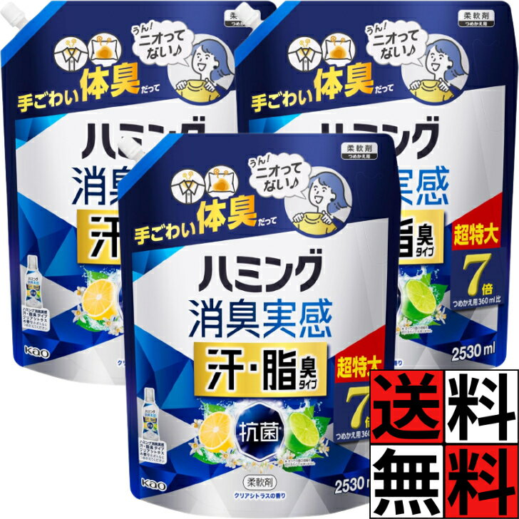 ハミング 消臭実感 柔軟剤 詰め替え 大容量 洗濯 汚れ きれい 清潔 体臭 超特大 部屋干し スポーツ 加齢臭 服 花粉 シワ 消臭 タオル 汗 脂臭 タイプ シトラスの香り 7倍 2530ml ×3個