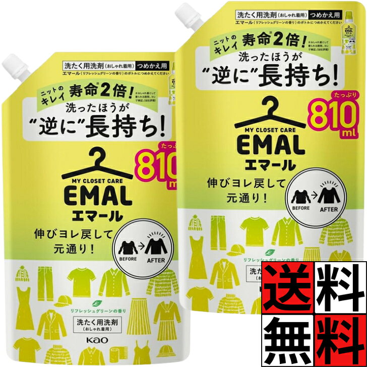 エマール 詰め替え 大容量 洗剤 洗濯 衣類 タオル 洋服 伸び ヨレ 元通り 長持ち ニット 寿命 2倍 シワ 色あせ 毛玉 防止 汗 皮脂 洗浄 リフレッシュグリーンの香り 810ml ×2個
