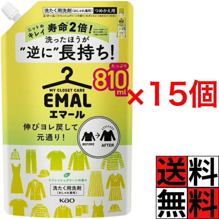 エマール 詰め替え 大容量 洗剤 洗濯 衣類 タオル 洋服 伸び ヨレ 元通り 長持ち ニット 寿命 2倍 シワ 色あせ 毛玉 防止 汗 皮脂 洗浄 リフレッシュグリーンの香り 810ml ×15個