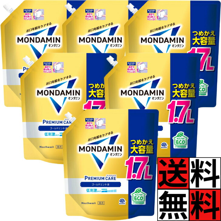 【エントリー＆店内3点で＋ 20倍】モンダミン 詰め替え プレミアムケア ゴールドミント マウスウォッシュ 洗口液 大容量 特大 パウチ 爽快 低刺激 口臭 むし歯 歯肉炎 予防 1.7L ×6個