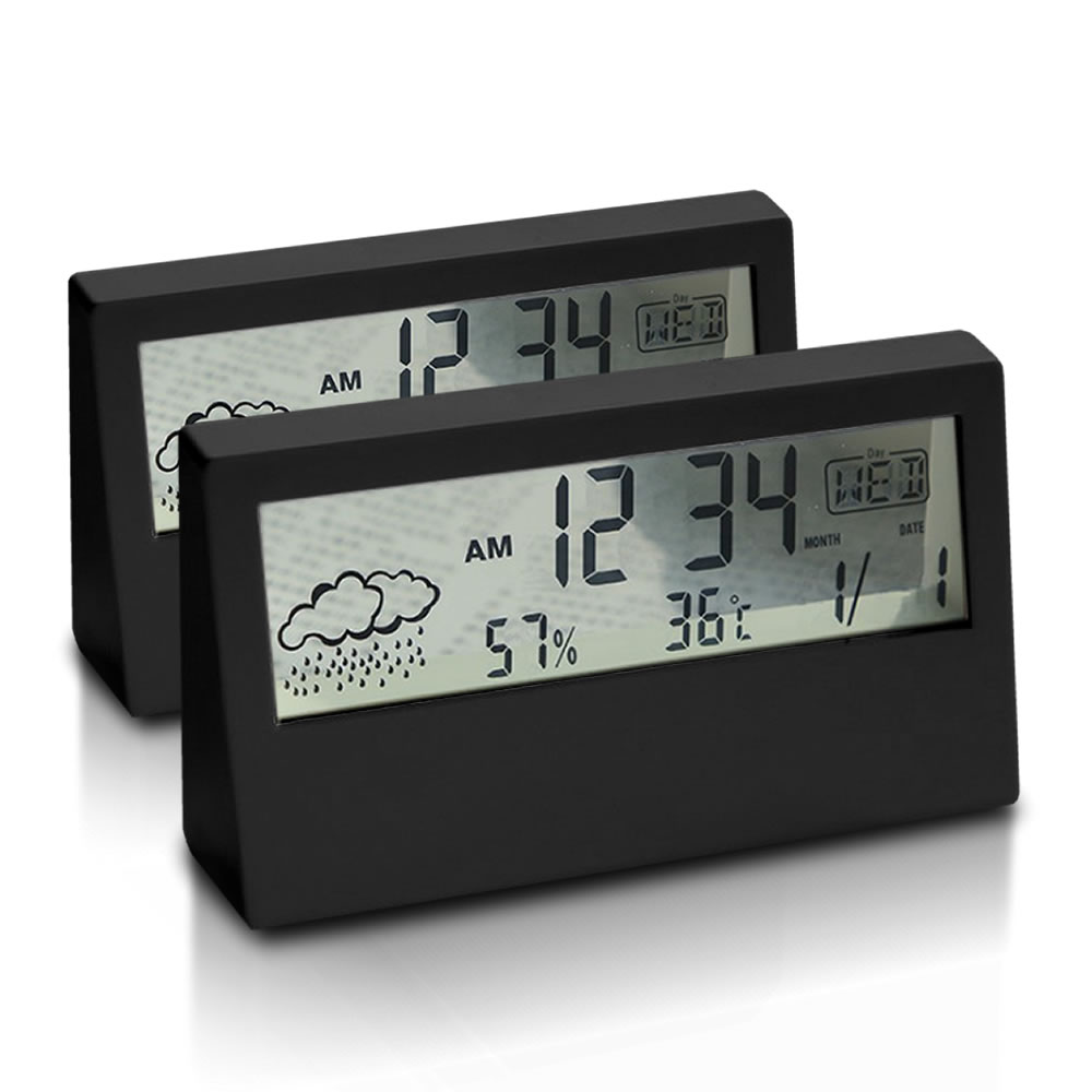 【送料無料】 透明 目覚まし デジタル時計 ブラック 2台セット 9機能搭載 クロック カレンダー卓上 温度計 湿度計 寝室 室内 旅行携 TOMECBK