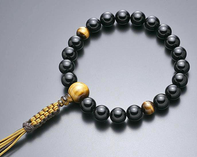 Onyx - 数珠 男性用 念珠 略式数珠 黒オニキス 虎眼石仕立 正絹紐房 全宗派対応 桐箱入