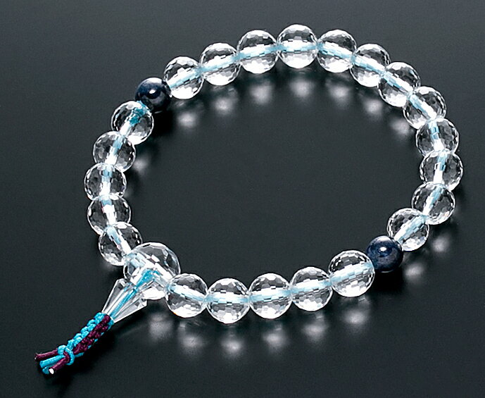 数珠ブレスレット 房付き 腕輪念珠 水晶 8mm 128面カット サファイア入 ゴム紐房4本組 手首数珠 桐箱入