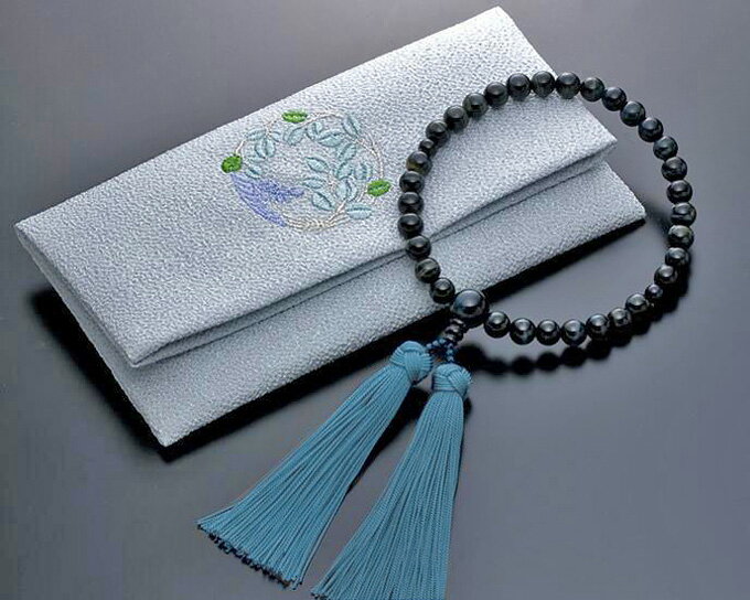 女性用数珠(念珠）数珠袋　セット　青虎眼石《ブルータイガーアイ》8mm　rs