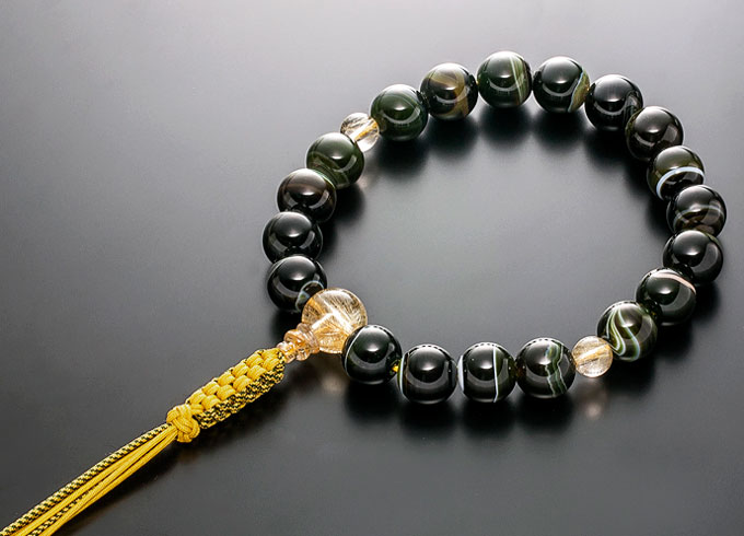 数珠男性用念珠略式数珠緑縞瑪瑙ルチ...