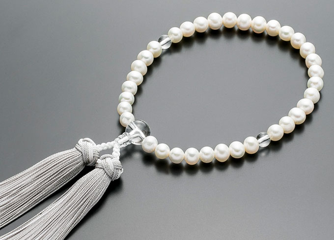 数珠 女性用 念珠　淡水パール 水晶仕立 正絹花かがり房 全宗派対応 桐箱入