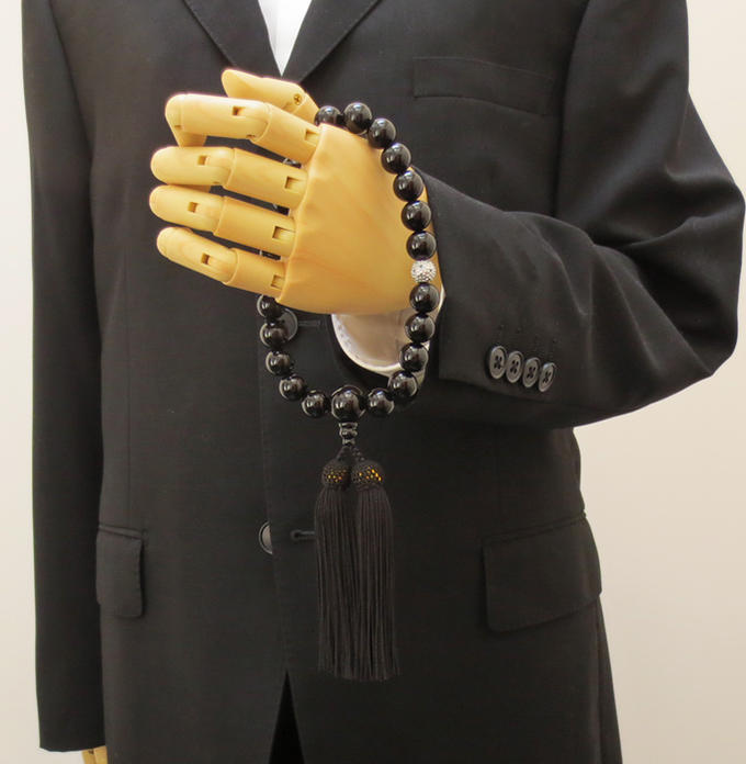 数珠 男性用 念珠 略式数珠 黒オニキス シルバー エメラルド仕立 正絹房 全宗派対応 桐箱入