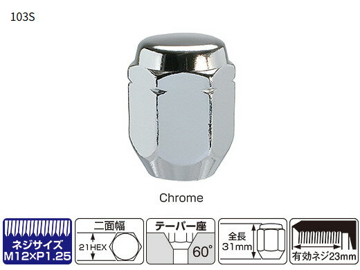 KYO-EI（協永産業）袋ナット / ホイールナット M12×P1.25（2面幅21mm，シルバー/クローム）【103S】