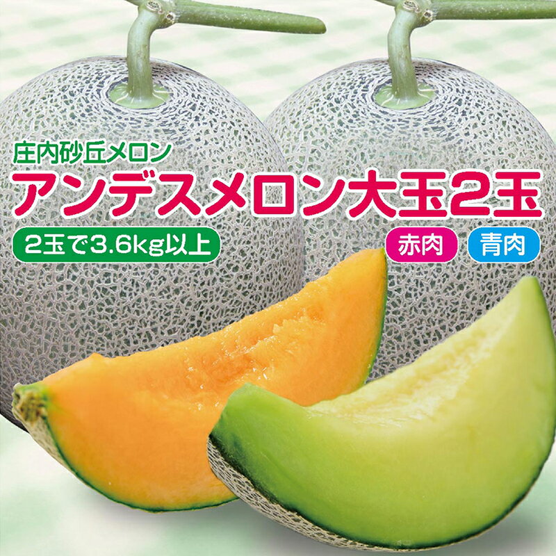 庄内砂丘メロン　アンデス（青肉）と（赤肉）大玉2玉で3.6kg以上　つる付　化粧箱入　お中元・贈答用・ご自宅用にも【送料無料】 昼夜の温度差が大きい庄内砂丘特有の自然が育てた甘〜い砂丘メロン! 厳選した大玉の青肉と赤肉の2個入 　日本海に面した庄内地方は、最上川の豊かな水資源と豊沃な土壌に恵まれています。庄内砂丘は昼夜の温度差が大きく、この環境が糖度の高いメロンの栽培には最適なんです。濃厚な甘味とたっぷりの果汁があふれるみずみずしい果肉が美味しい逸品です。※お中元や贈答をお考えの方、「お中元」「お祝」などシール対応でよろしければ対応いたします。お名前の印刷もします。備考欄にお書きください。 庄内砂丘特有の昼夜の温度差が生んだ糖度の高いメロン 厳選した大玉の青肉と赤肉の2個入 贈答用でも喜ばれております(お中元シール対応可） 山形県庄内産のメロンをお好みの方 遠方のご家族・お親戚に送りたい つる付きをご希望の方 ※日時指定は出来ませんが、ご希望の出荷時期をお選びください。7月上旬・中旬・下旬です。※時間指定のみ、ご不在の時間の配達を防ぐためご指定いただければ幸いです。※沖縄・離島へのお届けは別途配送料がかかります。※お中元や贈答をお考えの方、「お中元」　「お祝」などシール対応でよろしければ対応いたします。お名前の印刷もします。備考欄にお書きください。※生鮮品につき天候や生育状況により、出荷時期がずれる場合があるかもしれませんのでご了承ください。※同封の栞に一番おいしい食べ頃を記載しておりますのでそれまでは常温で保存してください。メロンの下部が少し柔らかくなって果皮が黄色がかった状態になれば食べ頃です。食べる3時間ほど前に冷蔵庫で冷やしておきますとおいしく召し上がれます。※食べごろ指定期日以後は、お早めにお召し上りください。※段ボール箱に詰めて常温でお送りします。到着後は陽の当たらない場所で常温で保存してください。【ご注意】　≪生もの≫ですので、受け取りができなかった、または遅れたなどのための返品はお受けできませんので、予めご了承ください。　また、お受け取りできない日時がある方は事前に申し出お願いします。　特に週末は、「不在」や「週末受け取り希望」など、具体的な申し出があれば申し付けください。出来るだけ調整いたします。　※配達時不在など再配達にならないよう、なるべく時間指定をお願いします。　ただし、週末など平日と時間指定が異なる場合は、配達曜日を考慮し当店で指定の変更もいたしますので、備考欄やお問合せにてお知らせください。 ●お届け期間：7月上旬～下旬1