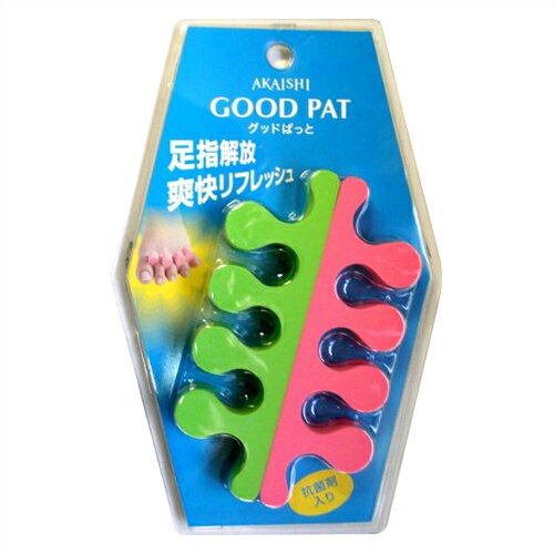 商品詳細 商品名 アカイシグッドぱっと(AKAISHI GOOD PAD)・グットパッド カラー ピンク、グリーン サイズ ● 本体(約):横116x縦192x奥15mm ● パッケージ(約):横123x縦192x奥21mm 重量 (約)4g 材質 ポリエチレン発泡体 原産国 日本 メーカー 株式会社 AKAISHI 使用方法 ● 足の指にはめて、家の中で1時間、普段通りに過ごして下さい。 ● 慣れないうちは、小指側から入れるとうまく装着できます。 注意事項 ● 血行障害や糖尿病の方は、医師のご相談の上使用下さい。 ● 転倒の恐れがありますので、段差のある場所や水まわりをを歩く場合はご注意ください。 商品内容 ● 15mmの厚さで指を外側へ押し広げます。 グッドパッド・グットパット・ぐっどぱっど・ 広告文責：照和株式会社TEL:03-3932-5150