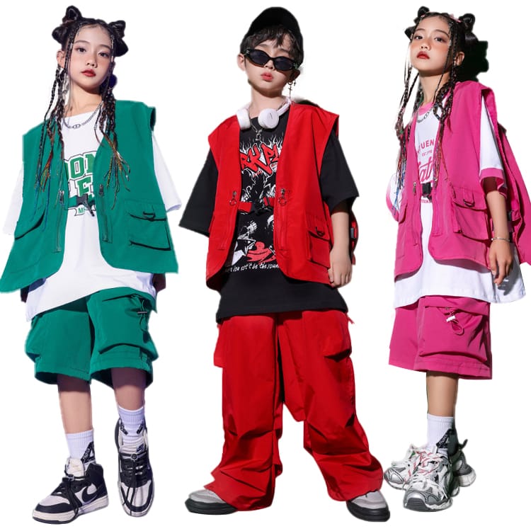 Rakuten - ダンス 練習着 キッズ セットアップ 緑 赤 カーゴ服 キッズダンス衣装 韓国風 子供服 ベスト ショートパンツ ロングパンツ ヒップホップ 衣装 男の子 K ダンス衣装 女の子