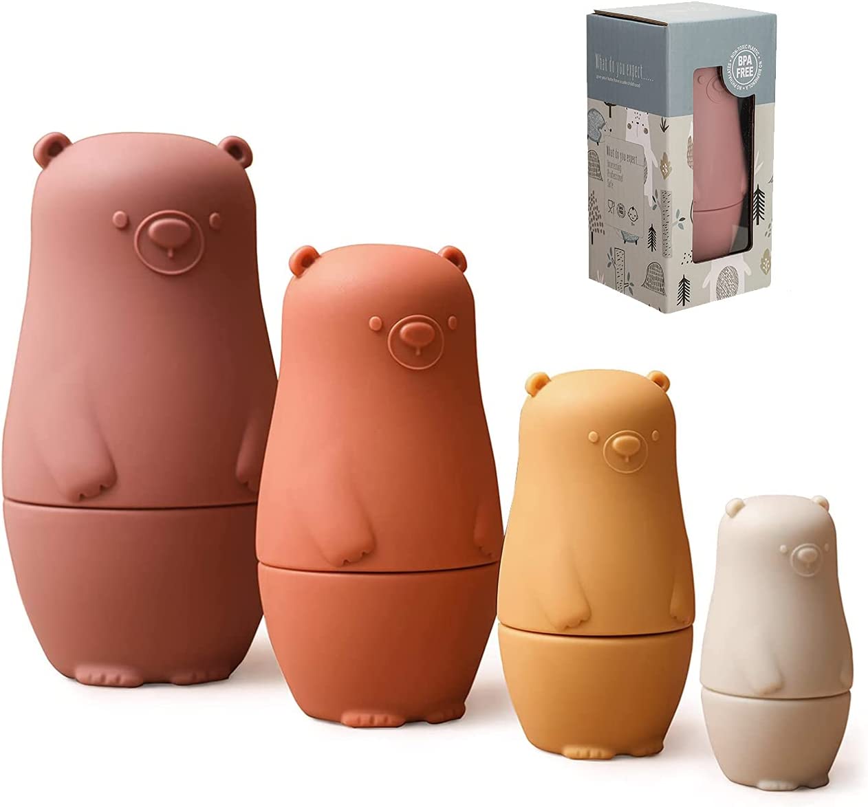 シリコン おもちゃ 赤ちゃん 玩具 おままごと 木のおもちゃ おままごとキッチン おもちゃ箱 マトリョーシカ がさね クマさん 4個入り 小物入れにも 0歳〜1歳 2歳 出 入園祝い 3歳