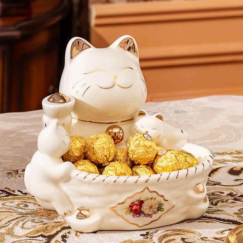陶器 招き猫 菓子皿 鍵収納 玄関飾り 置き物 欧風インテリア ホテル風 幸運アイテ...