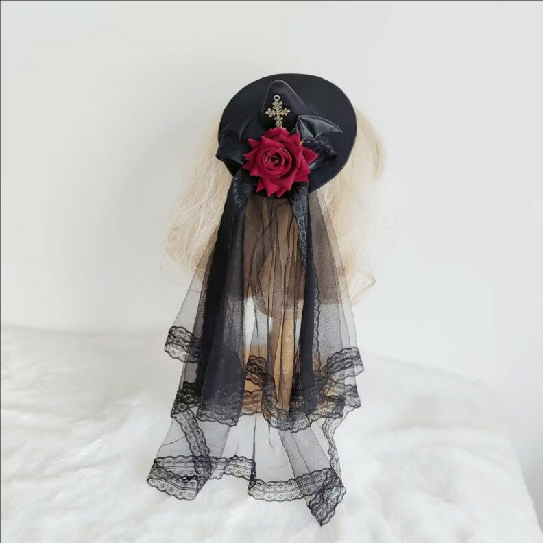 ベール 髪飾り 髪留め レディース ヘッドドレス リボン バラ花 ミニハット ロリータファッション ゴシック 暗黒風 パーティー ハロウィンパーティー 学園祭 コスプレ衣装 ゴスロリ