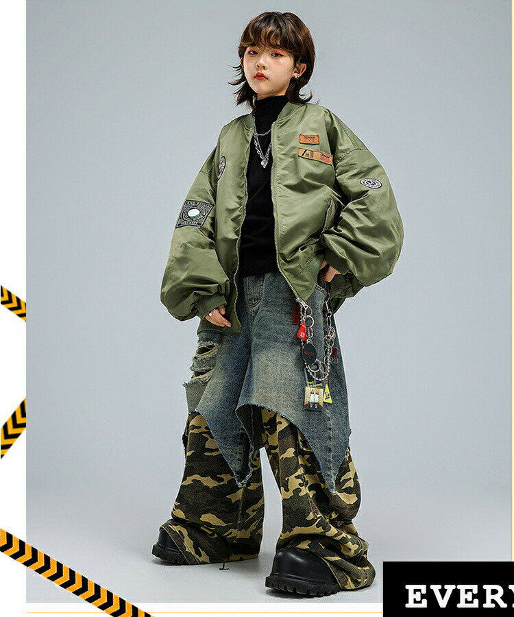 ミリタリー キッズ ダンス 衣装 ブルゾン 長袖 MA-1 迷彩 ロングパンツ ダメージ かっこいい キッズダンス衣装 ヒップホップ セットアップ 派手 アメカジ風 ワイドパンツ 子供服