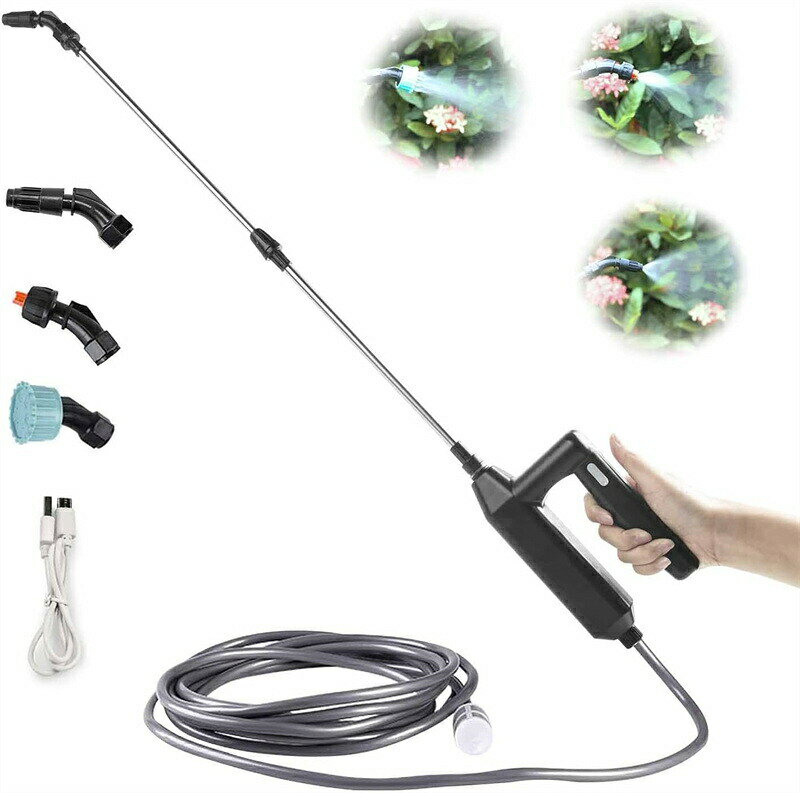 【パワフル&操作簡単&軽量】 電動噴霧器はワンボタンでムラなく噴き付けられます。本体重量約345g(ホース除く重量)と軽くてコンパクトな充電式噴霧器です。片手で長時間使っても疲れないし、1回押すだけで連続噴射できる。一般的なスプレーボトルに比べて細かいミスト状になるため、より広い面積に噴き付けることが可能です。ポンプ式の霧吹きより、パワーがあって使いやすいです。電気式でボトルレスなので疲れにくいし、簡単に使えます、プロ向けの噴霧器として最適です。【3種類のノズル&伸縮できるスプレーバー】電動噴霧器には、用途に合わせて使い分けられる3種類のノズルが付属してきます。噴霧範囲やミストの細かさごとに使い分けられるので、幅広いシーンで使うことが可能です。スプレーバーの長さは32〜56cmまで自在に調節でき、茂みの奥にピンポイント散水や庭木の先端まで薬剤を散布させられます。【専用タンクなし&8mホース】充電式噴霧器は専用タンクが無い為にタンクサイズの制限がなく、より便利で自由に使用できる。体への負担も軽いのが魅力的。電動霧吹きは8m吸水ホースが付属しています。水源や容器から直接水を取り入れることができるので、融通性があって便利です。蛇口の無いベランダや少し距離がある家庭菜園への水遣りに大活躍!ホースの長さは8mで、用途に合わせて自由にカットできる。電動噴霧器 噴霧器 電動 充電式 スプ