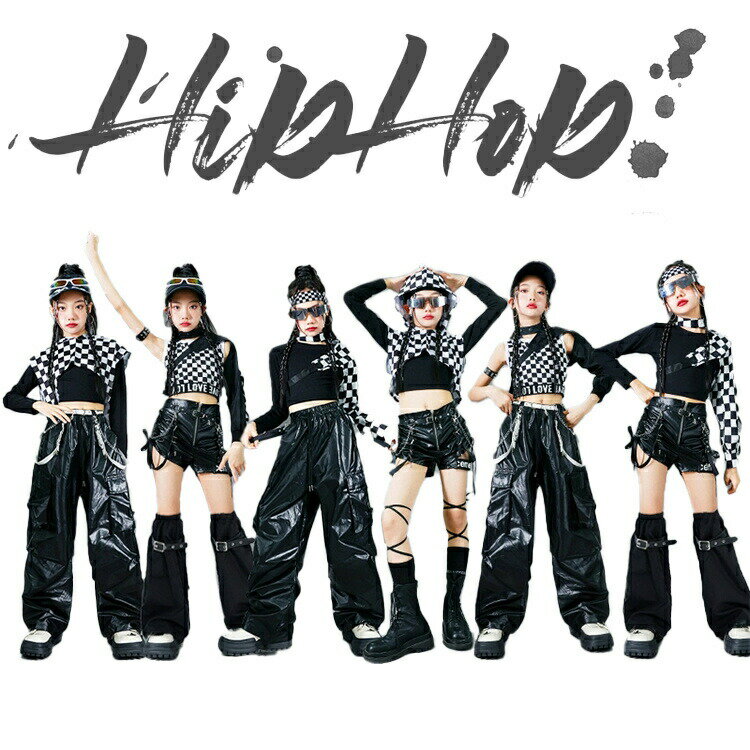 黒系 ダンス キッズ 女の子 チェック柄 レザー へそ出し ダンス衣装 ガールズ レザーズボン 長ズボン ダンスウェア 発表会 応援団 イベント ジュニア カッコイイ K jazz 普段着