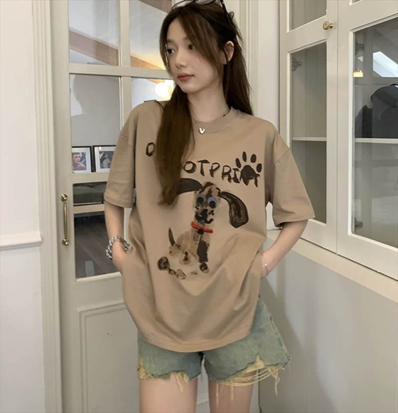 BIGシルエット 五分袖 Tシャツ トップス レディース プルオーバー 部屋着 個性的 春 夏 秋 裾ワイド 半袖 二の腕カバー ラウンドネック 襟なし ゆ キャラクター プリント 柄あり