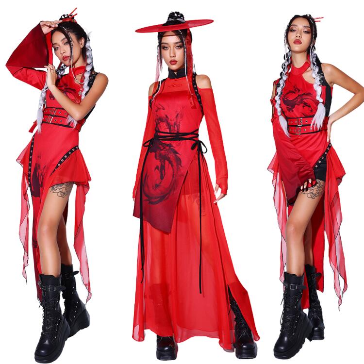 Pants Suit - 赤 黒 ダンス衣装 大人 セットアップ 龍柄 派手 おしゃれ 中華風 レディース チャイナ風 ダンス 衣装 上下セット jazz DS演出服 アイドル ダンスウェア ヒップホップ ステージ衣装