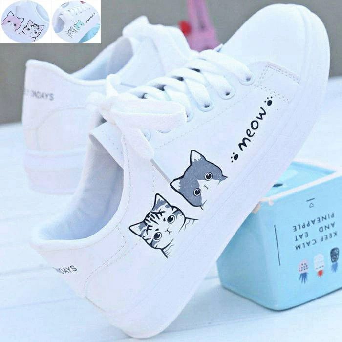 Rakuten - スニーカー レディース ネコ 猫 ねこ 白スニーカー 白 春 夏 秋 シューズ 靴 くつ 大きいサイズ フラット PUレザー ローカット おしゃれ 滑り 革靴 フラットシューズ ファッション