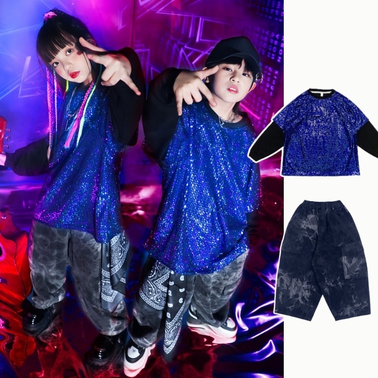 乐天商城 - スパンコール 青 キッズダンス衣装 セットアップ ステージ衣装 ダンス発表会 キッズ ダンス 衣装 男の子 ガールズ ジャズダンス衣装 演出服 2点セット ス 韓国風 かっこいい パンツ