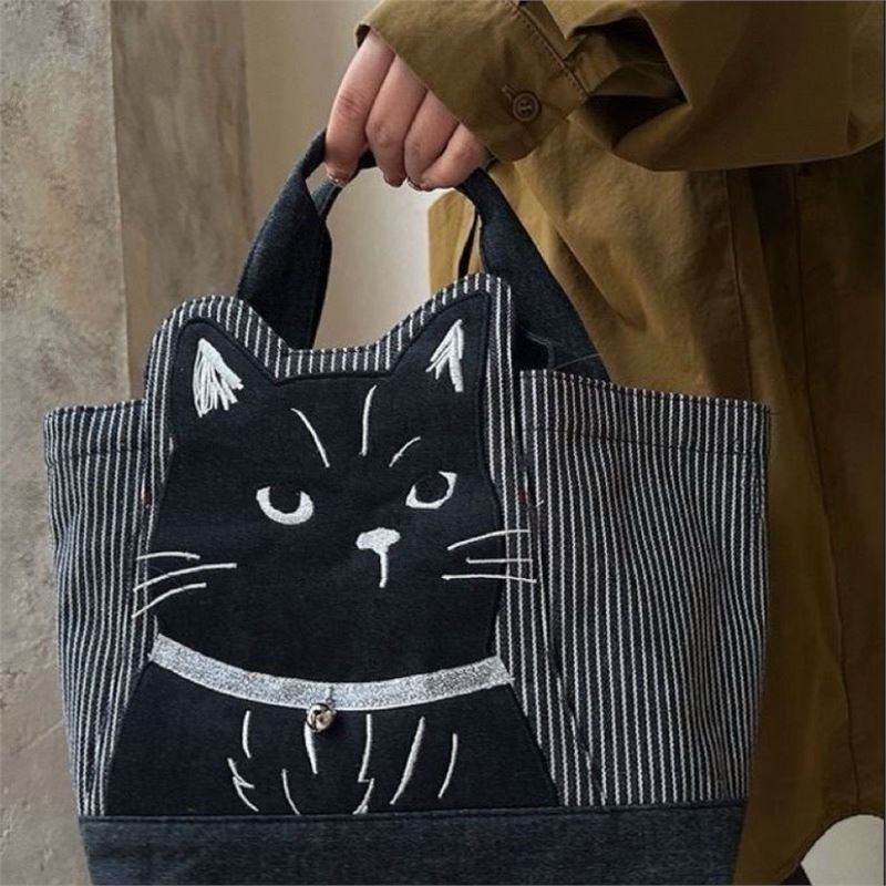 Rakuten - トートバッグ 布 バッグ ねこ ネコ 猫 猫柄 ストライプ柄 刺繍 黒 軽量 肩掛け 手提げ バック かばん カバン 鞄