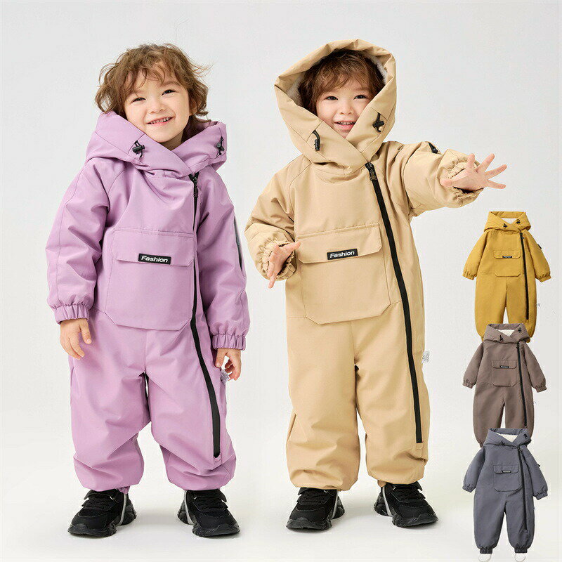 乐天商城 - ベビーロンパース スノーウェア スキー お出かけ 冬服 スノーボードウェア カバーオール プラスベルベット ジャンプスーツ 雪遊び ジャケット アウター フード付 厚手 男児 女児