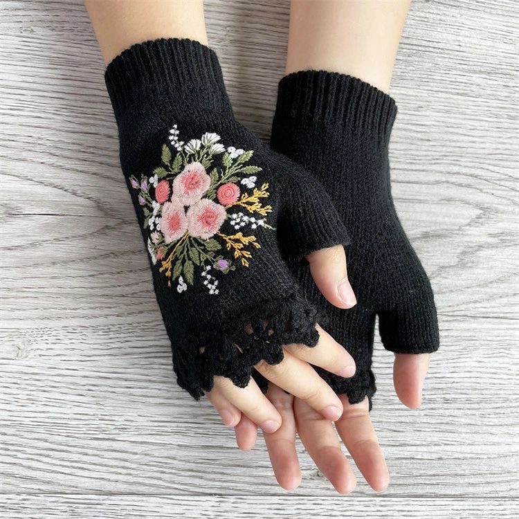 あっ スマホ おしゃれ 花柄刺繍 グローブ ニット 防寒 冬 ショート アームウォーマー ハンドウォーマー 指なし 刺繍 レディース