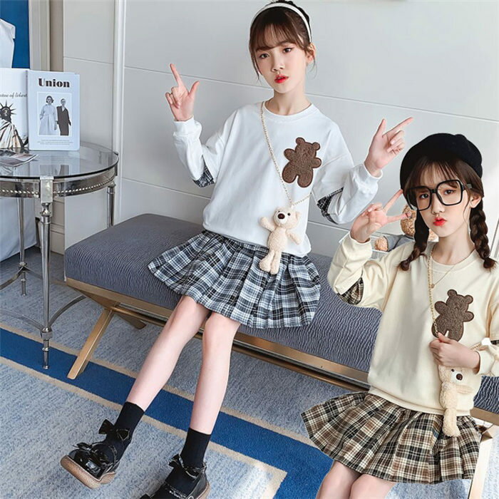 上下セット 小学生 スカート Tシャツ 長ズボン キッズ 可愛い 秋着 ジュニア 子供服 春秋 女の子 セットアップ 長袖 韓国子供服 通学着 おしゃれ 新品