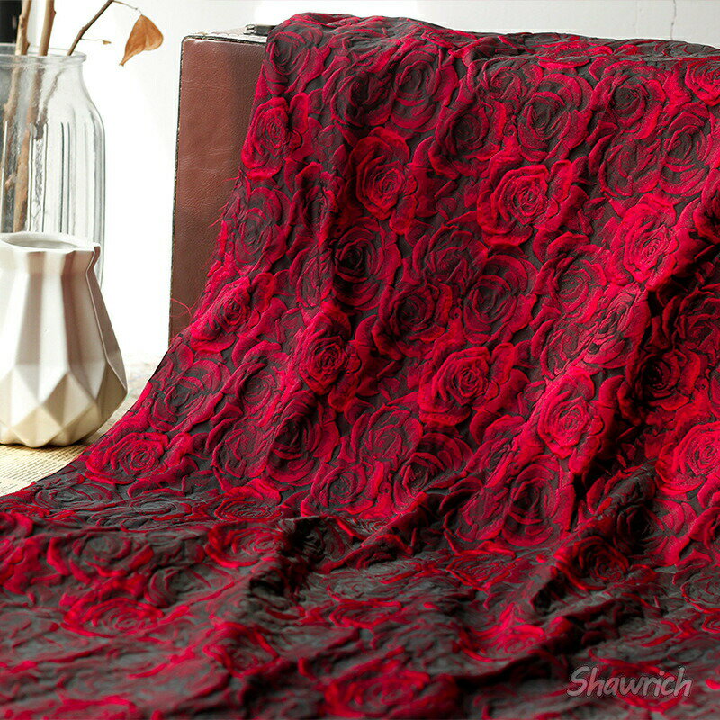 160cm幅 90cm単位 生地 花柄 布 ジャカード エンボス 布地 バラ ローズ ブラック レッド 立体花