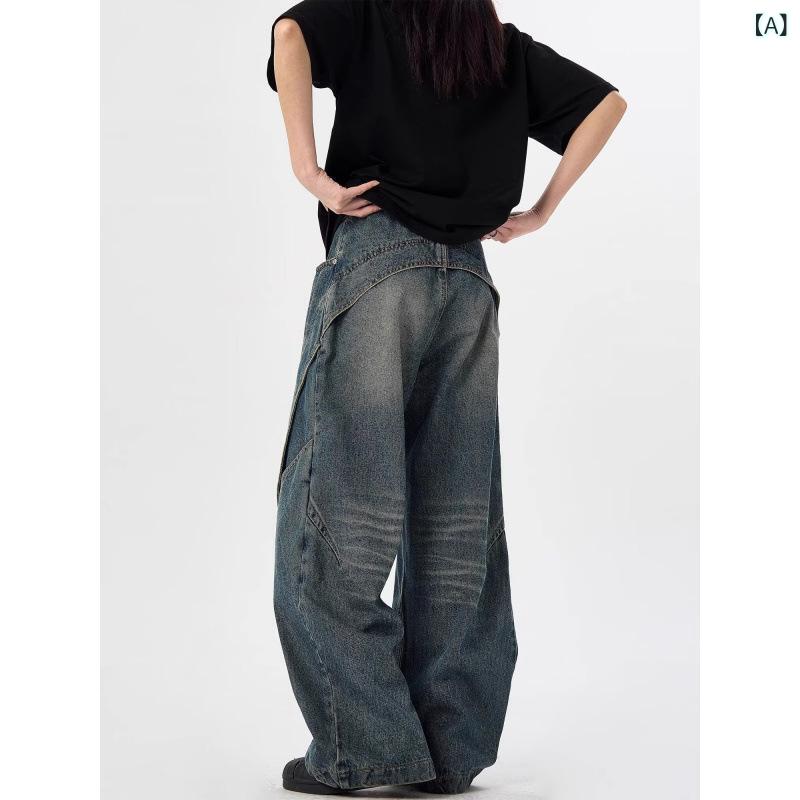 乐天商城 - デニムパンツ メンズ アメカジスタイル 再構築デザイン ウォッシュ加工 カーブシルエット ゆったり ワイドストレート 個性的 カジュアル ヴィンテージライク 微ストレッチ コットン